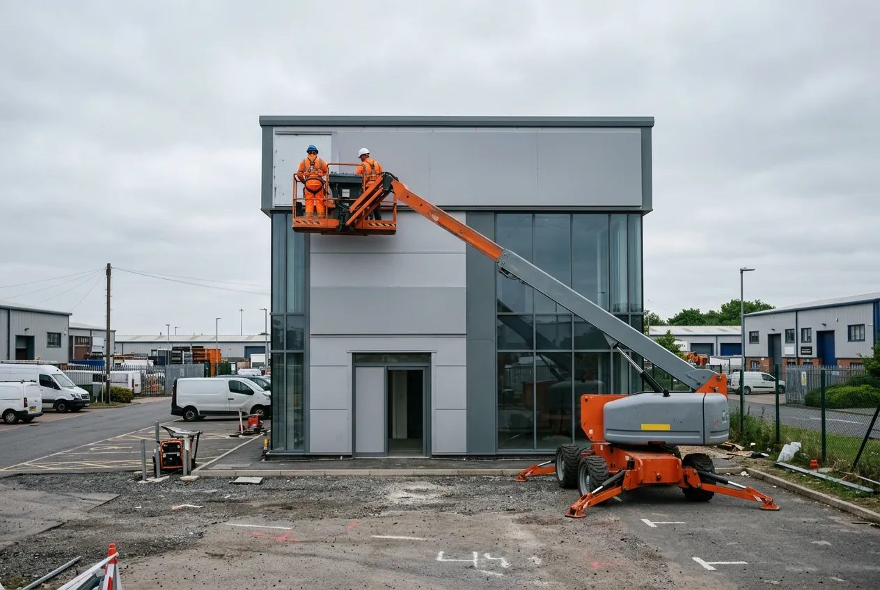 Self-propelled boom lift raised to the frontage of a modern UK retail unit