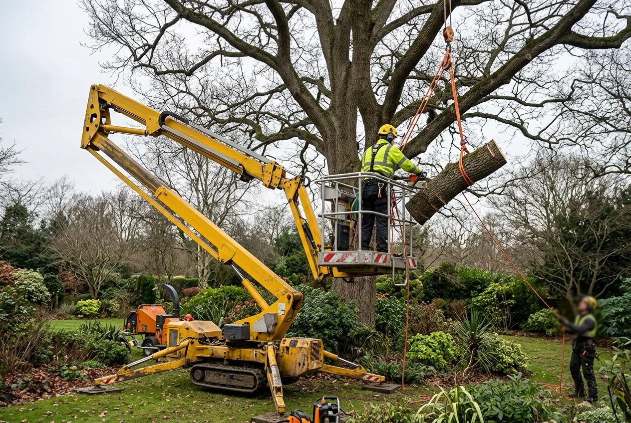 Cherry picker platform beside the crown of a large mature tree in a UK garden